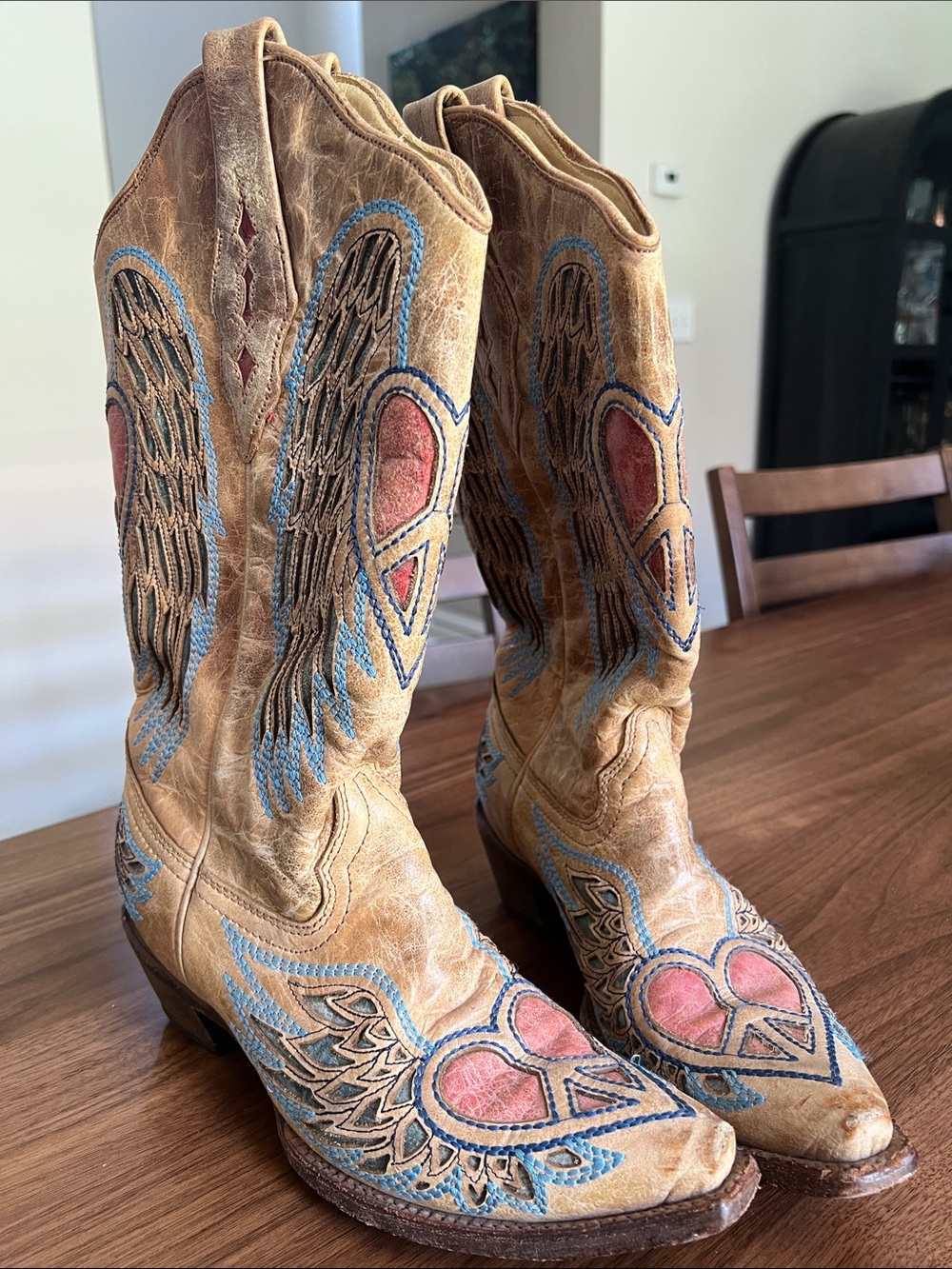 Corral Vintage Boots -Tan Leather Cowboy Boots with Blue & Pink Embroidery